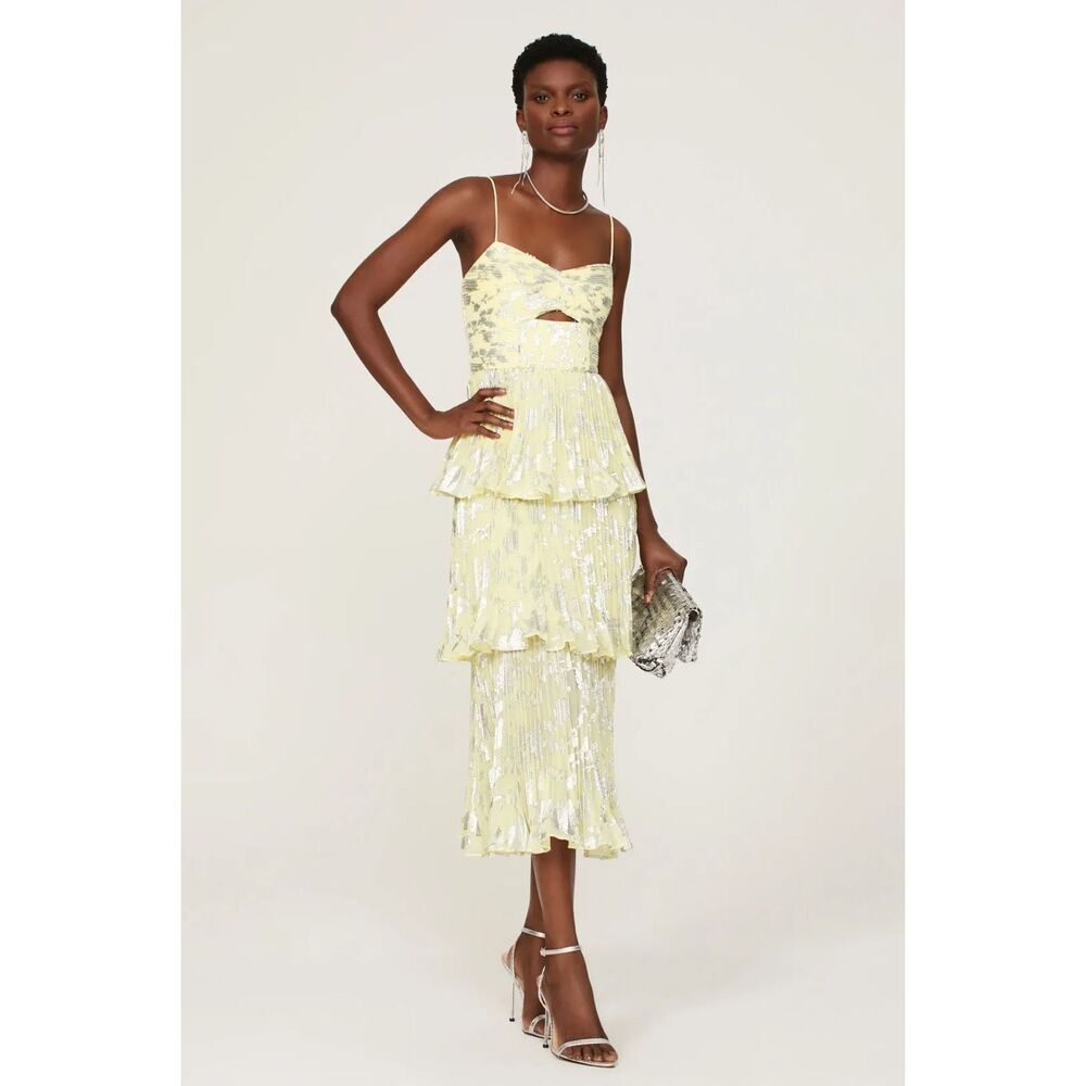 Self-Portrait Metallic Midi Tiered Cocktail Dress in Yellow Silver Floral Size 8